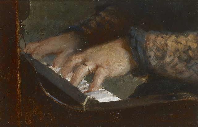 Albert Lang | Marie Lang-Zampis while playing the piano, oil on board, 14.1 x 21.1 cm