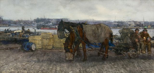 Mastenbroek J.H. van | Lunchtime at the harbour of Rotterdam, watercolour on paper 46.5 x 91.0 cm, signed l.r. and dated 1903