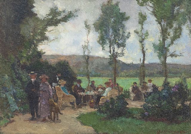 Akkeringa J.E.H.  | The tea garden, oil on panel 17.4 x 24.6 cm, signed l.r.