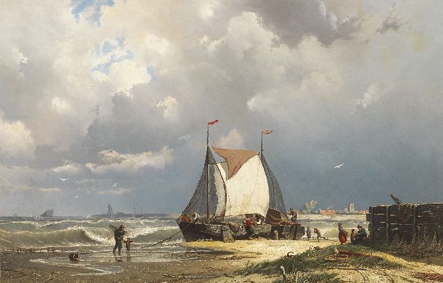 Coen Greive | Barges near Uitdam, the tower of Ransdorp in the distance, oil on canvas, 55.8 x 85.5 cm, signed l.l.