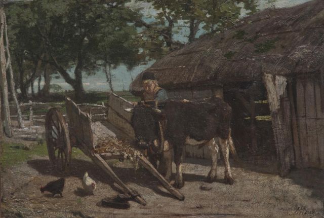 Anton Mauve | Harnessing the young bull, oil on panel, 28.0 x 41.0 cm, signed l.r.