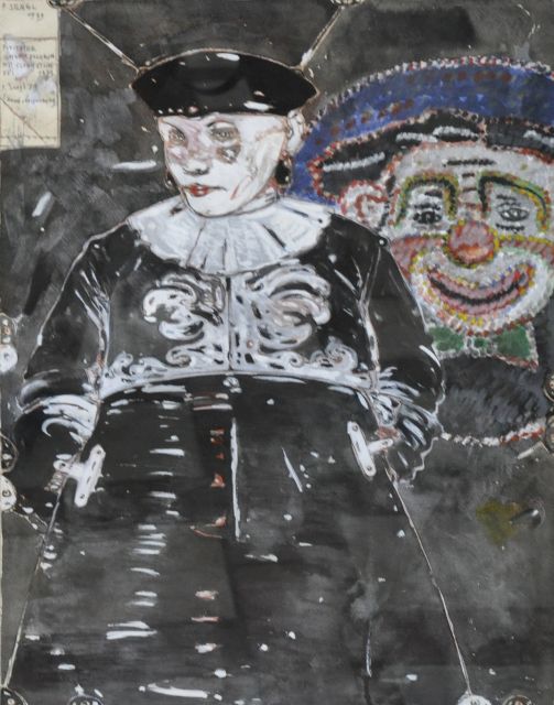 Peter Sengl | Fixierter Schwarzclown mit Clownstickerei, gouache on paper, 60.5 x 46.7 cm, signed u.l. and dated 1979