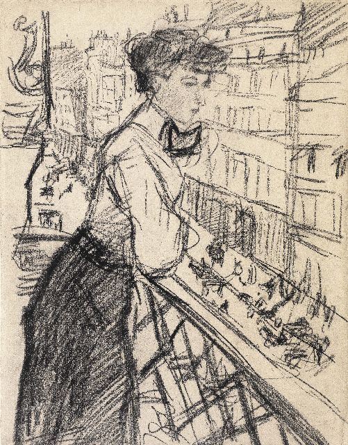 Israels I.L.  | Lady on an balcony, Paris, black chalk on paper 30.2 x 23.6 cm