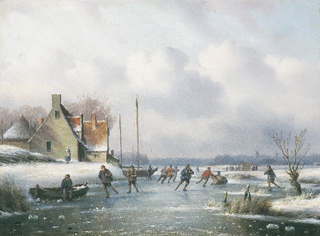 Ahrendts C.E.  | Winter landscape with skaters, oil on panel 26.4 x 36.3 cm