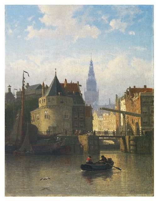 Greive J.C.  | A view of Amsterdam, seen from the IJ, with the Schreierstower, oil on canvas 58.9 x 46.8 cm, signed l.r.