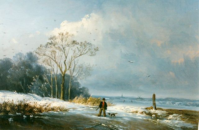 Jacobus Henricus Mulder | A hunter on a frozen river, oil on panel, 17.1 x 23.6 cm