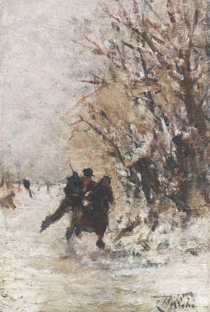 Henri van Seben | A couple skating in a winter landscape, oil on canvas laid down on panel, 17.4 x 11.7 cm, signed l.r.