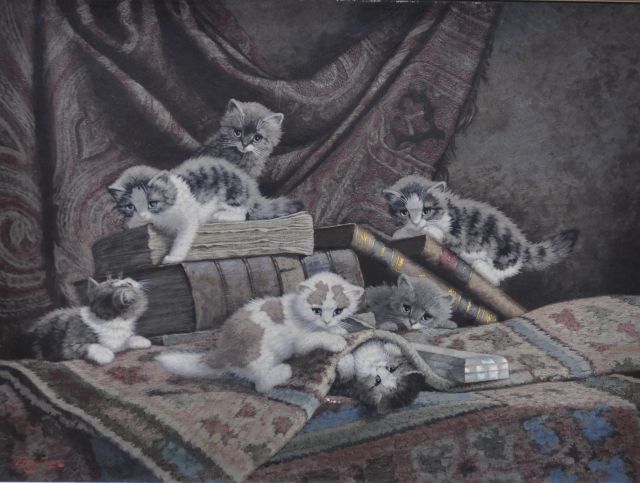 Raaphorst C.  | Six kittens playing, oil on canvas 60.0 x 80.0 cm, signed l.l.