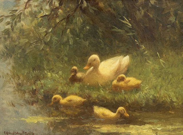 Constant Artz | Mother duck with ducklings on the waterfront, oil on panel, 17.8 x 24.1 cm, signed l.l.