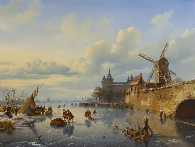 Cornelis Lieste | Skaters near a Dutch town, oil on panel, 71.1 x 93.5 cm, signed l.r. and dated 1843