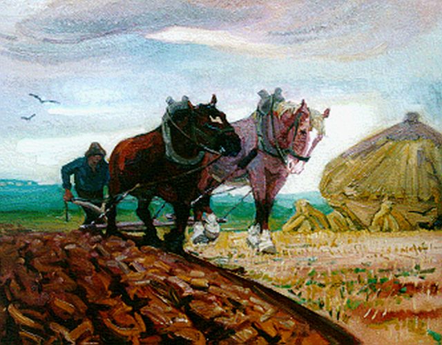 Herman Gouwe | A ploughing farmer, oil on canvas, 59.2 x 74.0 cm, signed l.l.