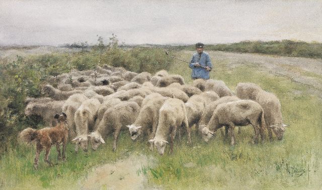 Mauve A.  | Shepherd with his flock on the heath, Laren, watercolour on paper 55.3 x 91.0 cm, signed l.r.