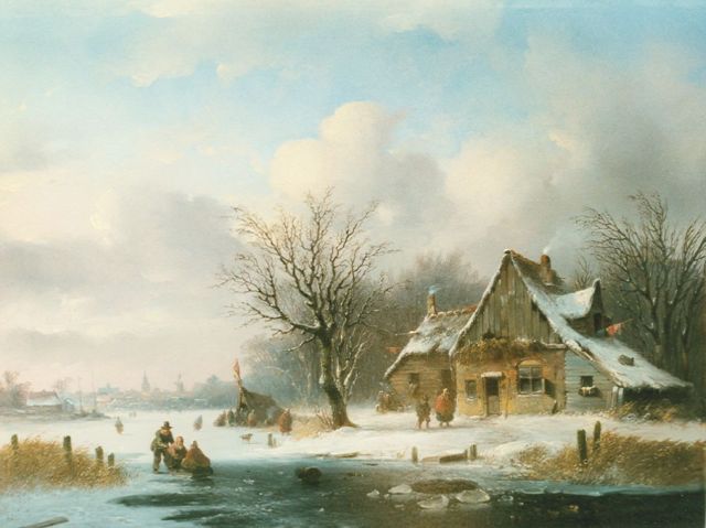 Stok J. van der | Skaters and a 'koek en zopie' on the ice, oil on panel 35.5 x 46.4 cm