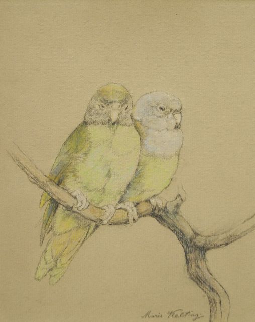 Kelting M.  | Green parakeets on a branch, pastel on paper 19.7 x 16.4 cm, signed l.r.