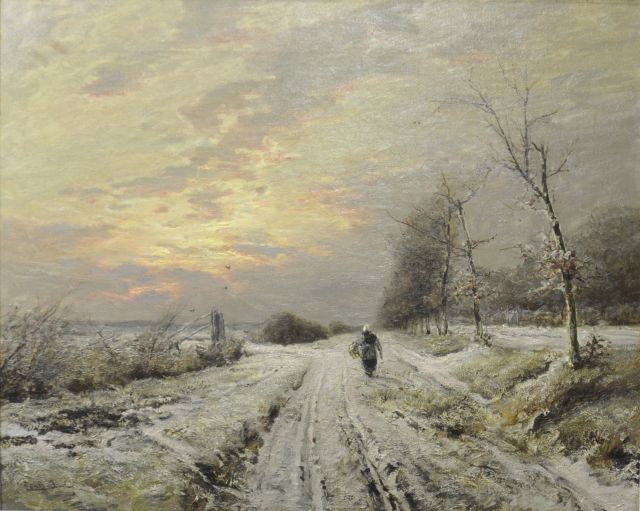 Louis Apol | Winterlandscape with a farmer's wife on a path, oil on canvas, 64.3 x 80.2 cm, signed l.l.