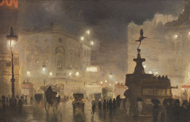Hyde-Pownall G.  | Piccadilly Circus by night, oil on painter's board 15.0 x 23.2 cm, signed l.l. and on the reverse