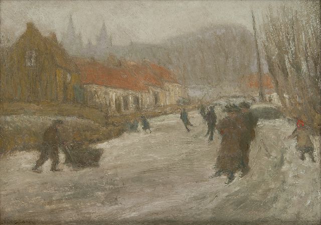 Cossaar J.C.W.  | Skaters on a frozen waterway in Poeldijk, oil on panel 22.8 x 32.1 cm, signed l.l.