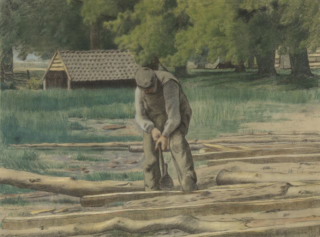 Willem Jan Willemsen | Lumberjack in Sonsbeek Park, chalk on paper, 47.4 x 64.5 cm, signed l.r.