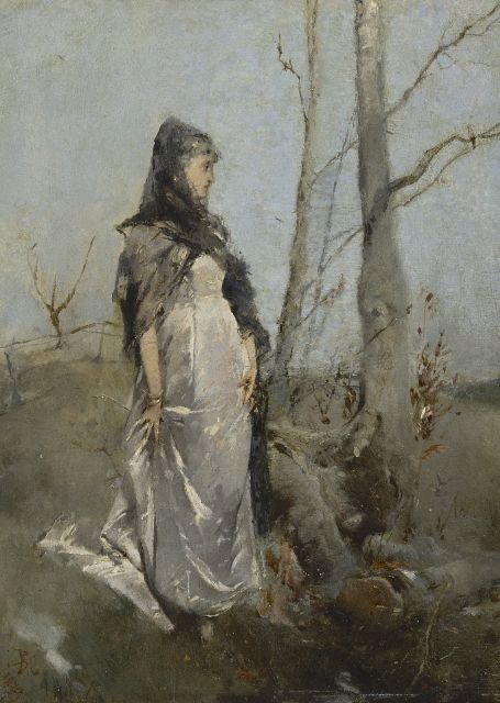 Haaxman P.A.  | Woman in a landscape, oil on panel 34.0 x 25.5 cm, signed l.l. with monogram and dated 1879