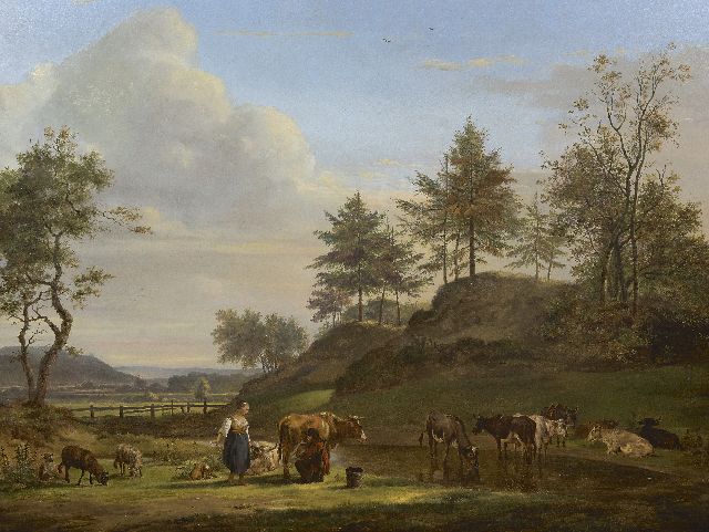 Os P.G. van | A Dutch Arcadian landscape with shepherds and cattle, oil on panel 63.1 x 83.2 cm, signed l.l. and dated 1815