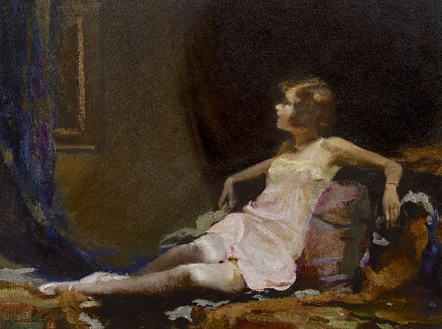 Nissl R.  | Resting girl (in pink underdress), oil on canvas 51.1 x 66.9 cm, signed l.l.