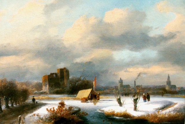 Johannes Petrus van Velzen | Skaters on a frozen waterway, oil on panel, 18.0 x 22.2 cm, signed l.r.