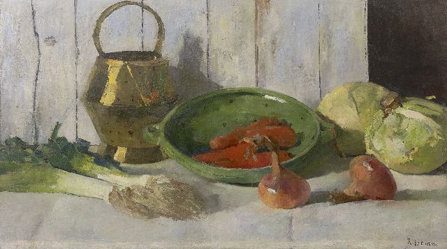 Coba Ritsema | A still life with vegetables and an eartherware strainer, oil on canvas, 67.0 x 118.4 cm, signed l.r.