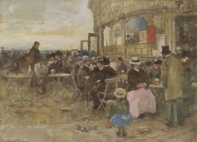 Rivière A.P. de la | Elegant figures on a terrace, watercolour on paper 21.2 x 28.3 cm, signed l.l.