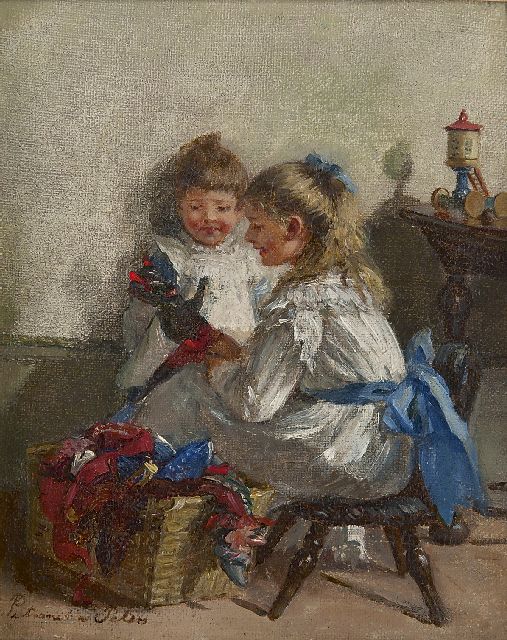 Peters P.  | Playing with the dolls, oil on canvas laid down on painter's board 19.8 x 26.1 cm, signed l.l.