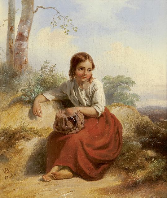 Bing V.  | A young shepherdess, oil on canvas 33.8 x 27.7 cm, signed l.l. with monogram and dated 1846