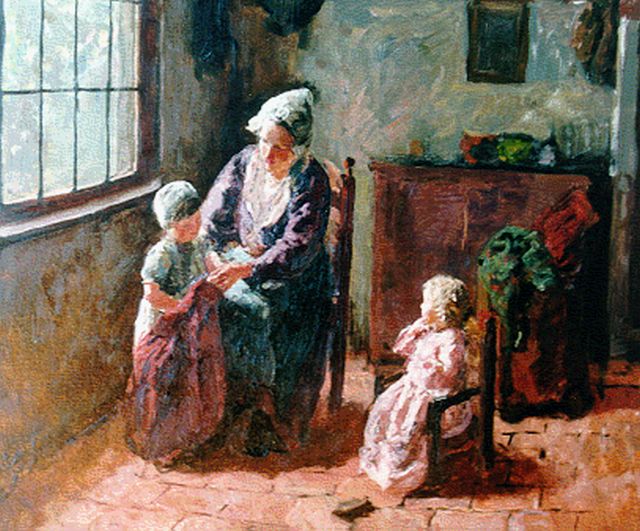 Bernard Pothast | Interior scene with mother and children (study), oil on canvas, 53.0 x 65.0 cm