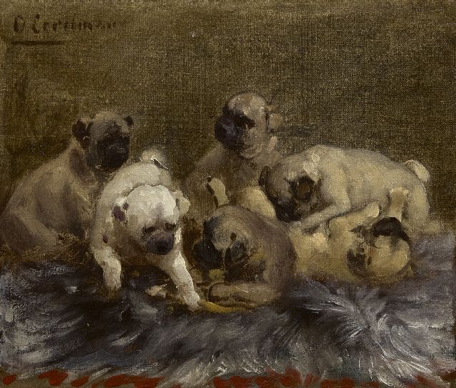 Otto Eerelman | Pupies playing, oil on canvas laid down on board, 18.8 x 21.5 cm, signed u.l.