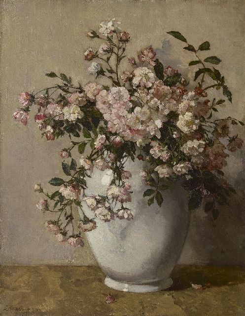 Akkeringa J.E.H.  | A white vase with spray roses, oil on canvas 54.1 x 42.1 cm, signed l.l.