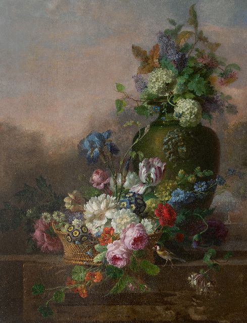 Willem van Leen | A flower still life with roses, a tulip, an iris and other flowers, oil on canvas, 116.2 x 90.8 cm, signed vaguely signed