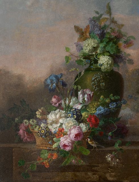 Leen W. van | A flower still life with roses, a tulip, an iris and other flowers, oil on canvas 116.2 x 90.8 cm, signed vaguely signed