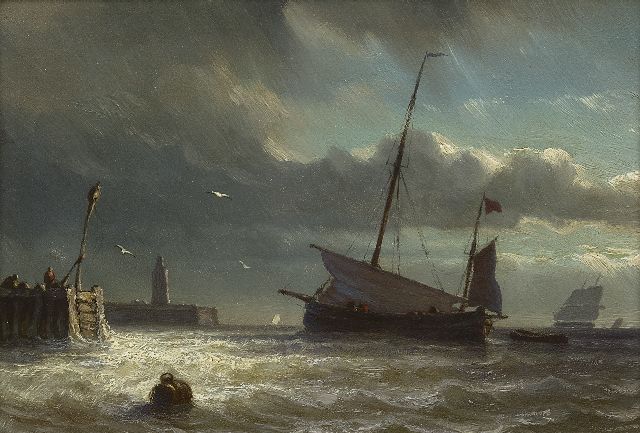 Hoffmann G.J.  | A sailing vessel lowering sail near a harbour entrance, oil on panel 12.9 x 18.6 cm