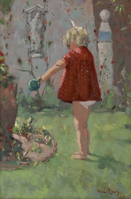 Leurs H.J.  | Watering the flowers, oil on panel 31.8 x 21.4 cm, signed l.r. and dated '48