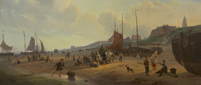 Couwenberg A.J.  | Panoramic view on the beach near Scheveningen, oil on canvas 42.8 x 99.8 cm, signed l.r.