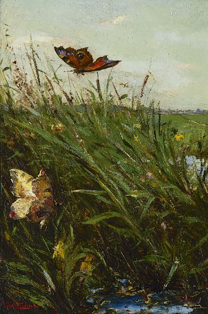 Frans Helfferrich | Butterflies in reeds, oil on panel, 29.8 x 20.0 cm, signed l.l.