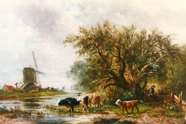 Prooijen A.J. van | A river landscape with cows, oil on panel 13.5 x 20.2 cm, signed l.r.