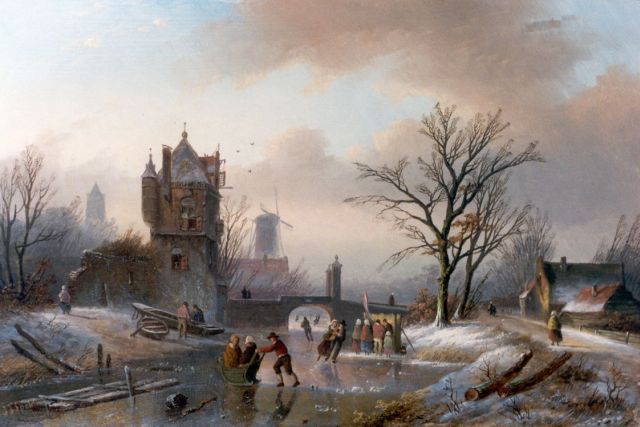 Jan Jacob Spohler | Skaters on a frozen waterway by a ruin, oil on panel, 22.3 x 33.5 cm, signed l.l.