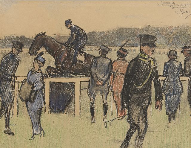 Sluiter J.W.  | Concours Hippique op Birkhoven, coloured chalk on paper 27.2 x 36.0 cm, signed u.r. and dated 'april 1910 Amersfoort'