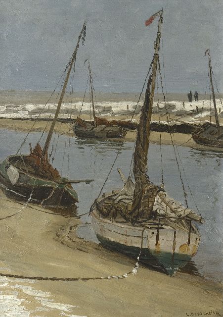 Ludolph Berkemeier | Fishing boats on the 'Uitwatering' in Katwijk aan Zee at low tide, oil on panel, 35.5 x 25.1 cm, signed l.r.