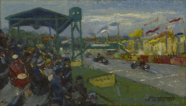 Joop Kropff | At the International Motor Races TT (Tourist Trophy) in Assen, oil on canvas laid down on panel, 16.0 x 27.0 cm, signed l.r. and dated 'TT 24 June 1933'