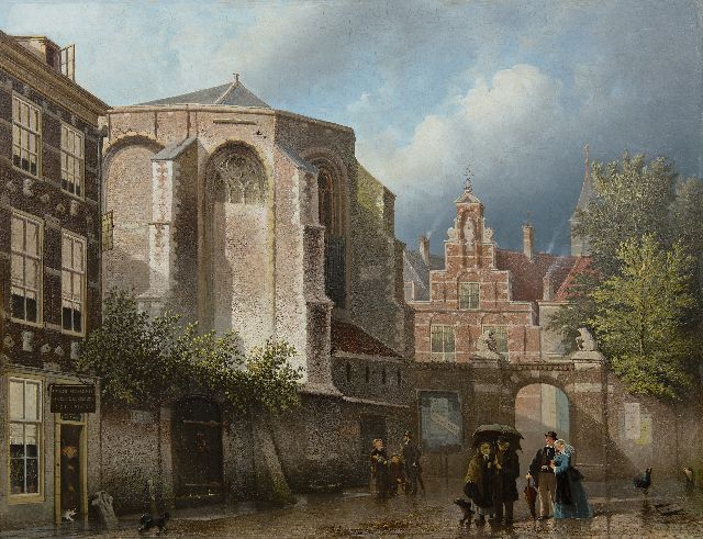 Joseph Bles | Sun and rain on a church square, oil on panel, 51.9 x 67.9 cm, signed l.l.
