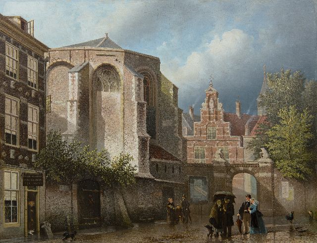 Bles J.  | Sun and rain on a church square, oil on panel 51.9 x 67.9 cm, signed l.l.