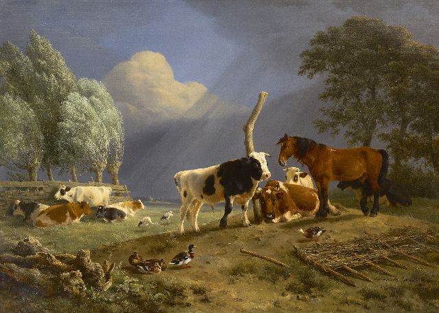 Ronner-Knip H.  | Horse and cattle in a landscape, a storm approaching, oil on canvas 75.9 x 104.6 cm, signed l.r. and dated 1842