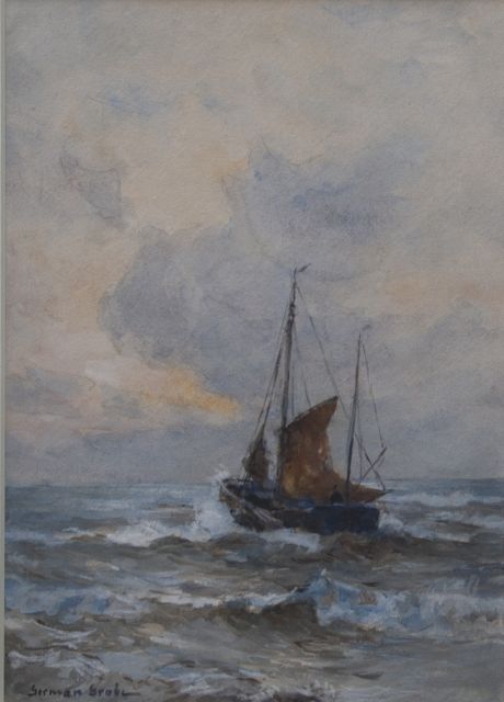 German Grobe | Fishing boat setting sail, Katwijk, watercolour on paper, 33.3 x 23.3 cm, signed l.l.