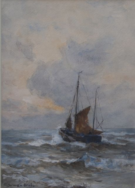 Grobe P.G.  | Fishing boat setting sail, Katwijk, watercolour on paper 33.3 x 23.3 cm, signed l.l.