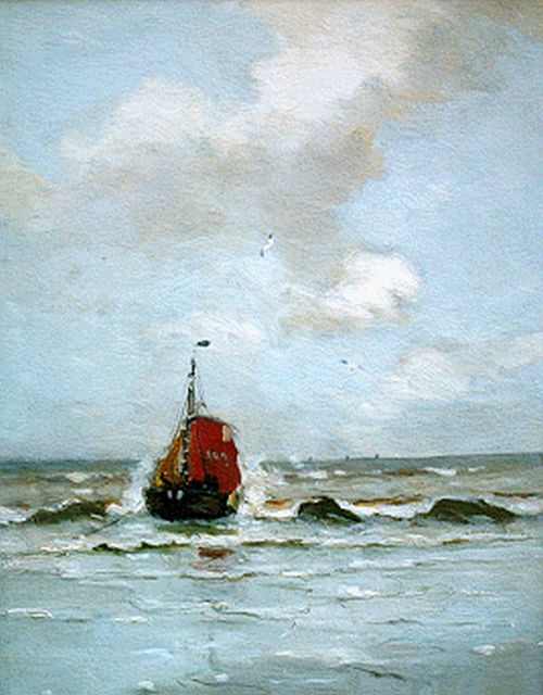 Morgenstjerne Munthe | 'Bomschuit in the surf', oil on panel, 35.3 x 26.0 cm, signed l.l. and dated '24